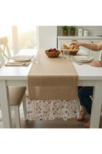 Tüllü Çiçekli Jüt Kumaş Dekoratif Runner - Tül 30 cm , Jut 125 cm