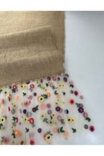 Tüllü Çiçekli Jüt Kumaş Dekoratif Runner - Tül 30 cm , Jut 125 cm - Görsel 2