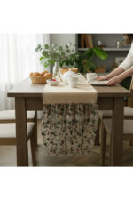 Çiçek Detaylı Tül ve Jüt Kumaş Dekoratif Runner - Tül 65 cm , Jüt 100 cm