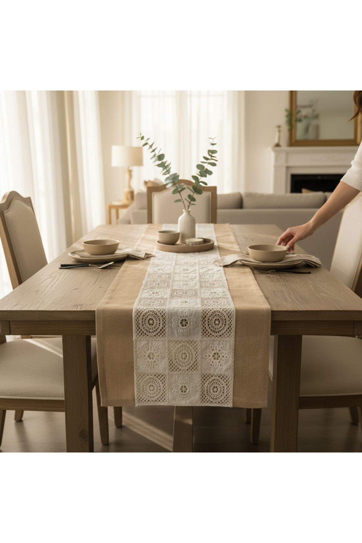 1_org_zoom Bej Kare Dantelli Jüt Kumaş Runner - 40 x 125 cm - Görsel 1