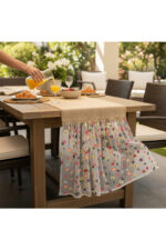 Tüllü Çiçekli Jüt Kumaş Dekoratif Runner - Tül 60 cm , jut 130 x (250 cm)