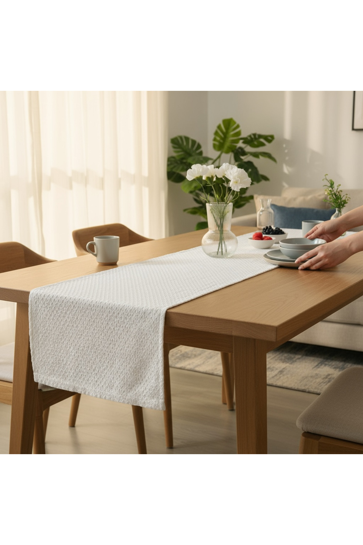 1_org_zoom Beyaz Desenli Dekoratif Runner - 45 x 105 cm - Görsel 1