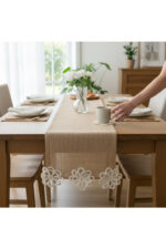 Çiçek Motifli Hasır Jut Kumaş Dekoratif Runner - 35 x 140 cm