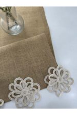 Çiçek Motifli Hasır Jut Kumaş Dekoratif Runner - 35 x 140 cm - Görsel 2