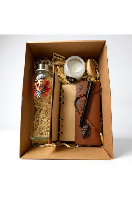 Deri Kaplı Defter, Cam Matara ve Kokulu Mumlu Özel Hediye Kutusu