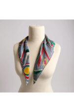 %100 İpek Fular – Renkli Soyut Desenli Gri Zemin Kadın Eşarp / Şık Aksesuar