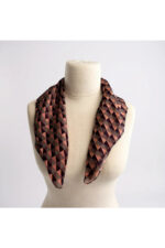 %100 İpek Fular – Kahverengi Geometrik Desenli Kadın Şık Eşarp / Saç ve Boyun Aksesuarı