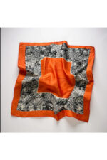 %100 İpek Fular – Turuncu Çerçeveli Siyah Beyaz Desenli Kadın Eşarp / Şık Aksesuar - Görsel 2