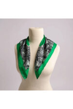 %100 İpek Fular – Yeşil Siyah Desenli Kadın Şık Eşarp / Saç ve Boyun Aksesuarı