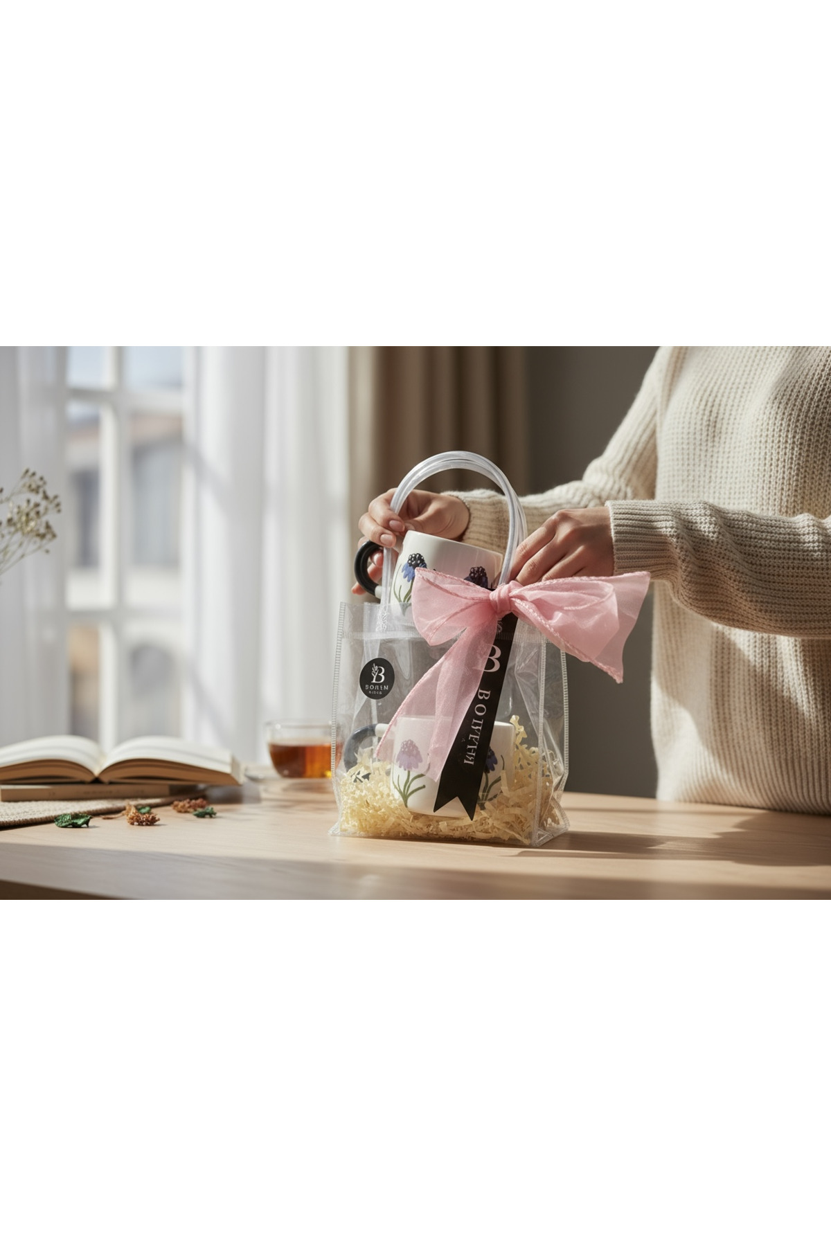 1_org_zoom Hediye Kutulu Mavi Çiçekli Kahve - Çay Fincanı - Görsel 1