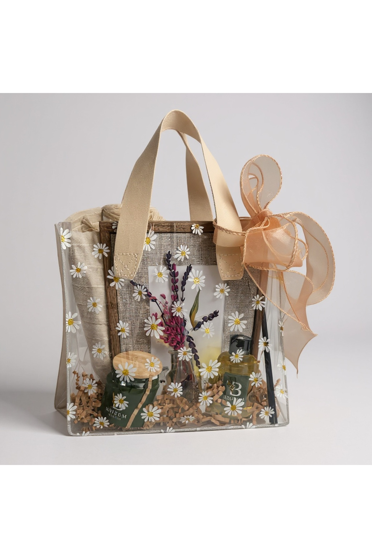 1_org_zoom Çiçek Desenli Şeffaf İçi Dolu Çanta Şık Hediye Seti - Görsel 1